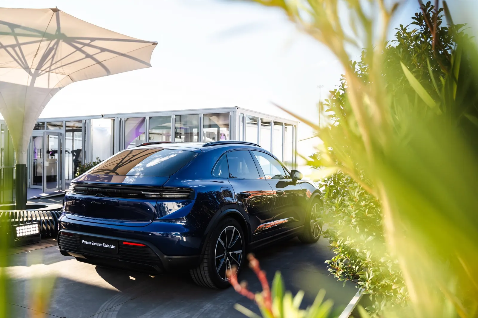 Dunkler Porsche auf der Terrasse, durch Pflanzen fotografiert